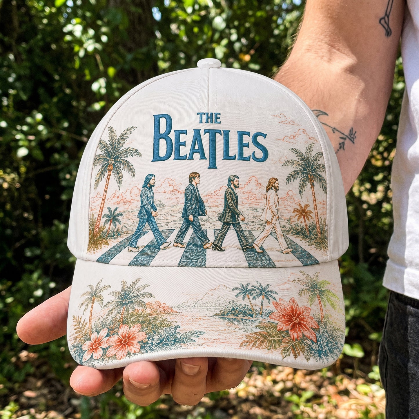 Retro Crosswalk Tropical Embroidered Denim Cap