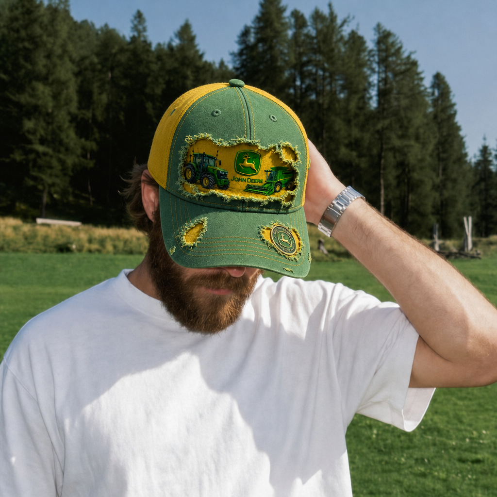 JDE Green Farm Machinery Distressed Premium Denim Cap QH