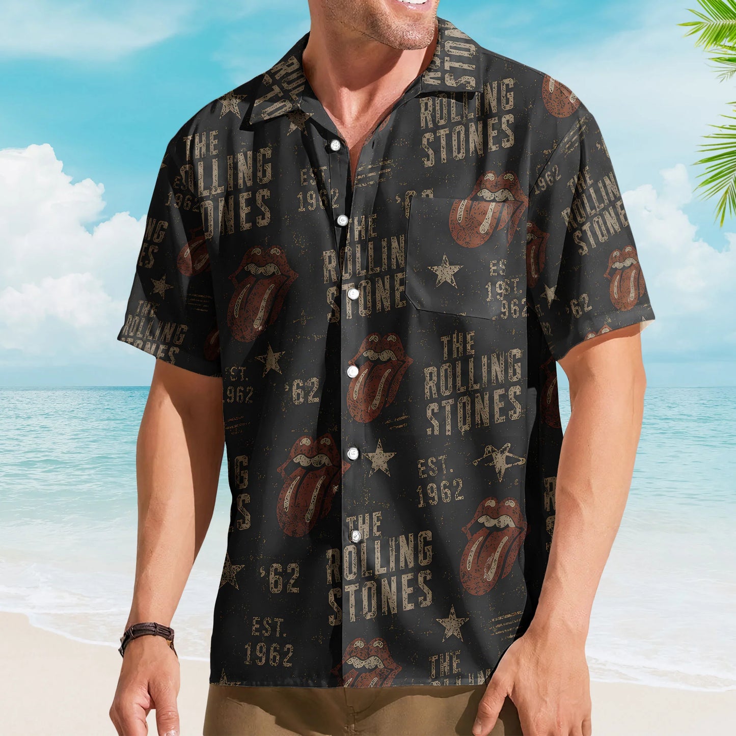 TRS Classic Tongue Logo Black Hawaiian Shirt – Unisex Rock Fan Button-Up