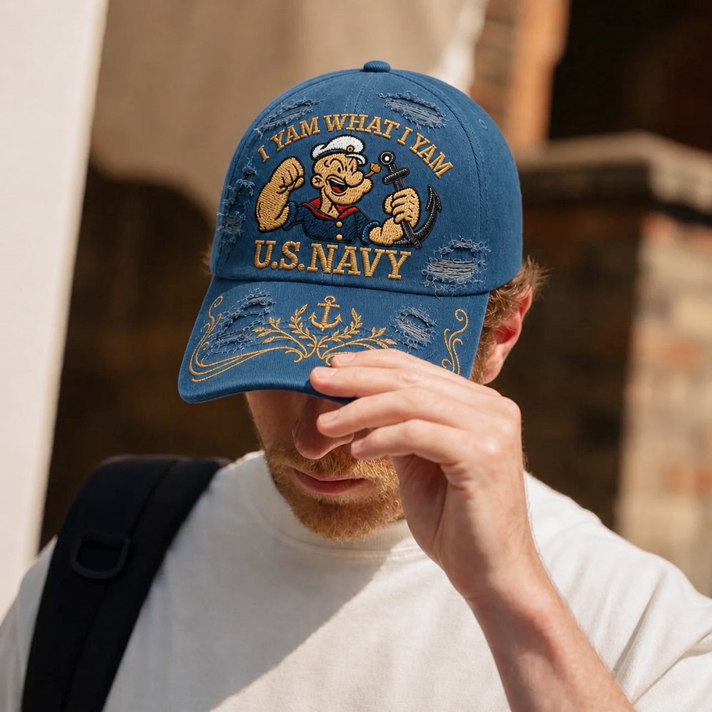 POP Vintage Sailor Embroidered Distressed Denim Cap
