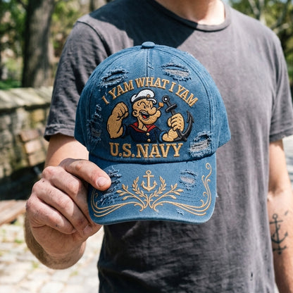 POP Vintage Sailor Embroidered Distressed Denim Cap