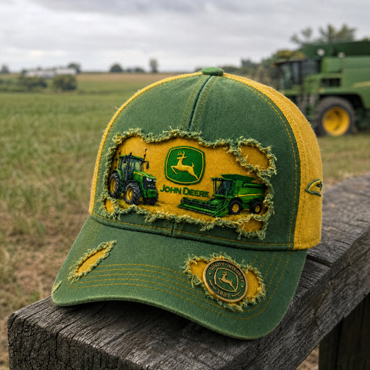 JDE Green Farm Machinery Distressed Premium Denim Cap QH