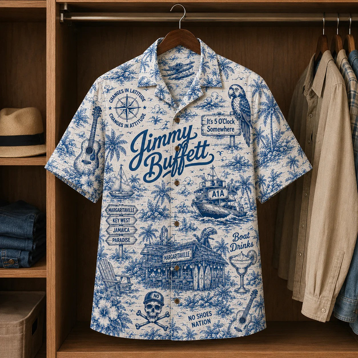Blue Island Adventure Toile Hawaiian Shirt – Unisex Vintage Tropical Button-Up
