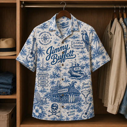 Blue Island Adventure Toile Hawaiian Shirt – Unisex Vintage Tropical Button-Up