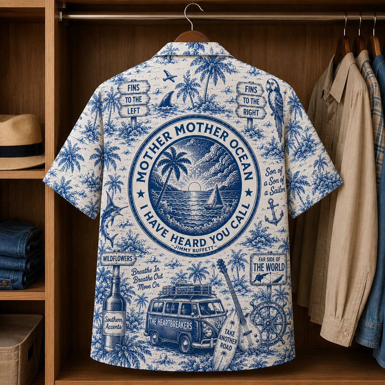 Blue Island Adventure Toile Hawaiian Shirt – Unisex Vintage Tropical Button-Up