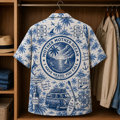 Blue Island Adventure Toile Hawaiian Shirt – Unisex Vintage Tropical Button-Up