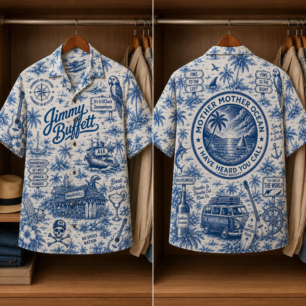 Blue Island Adventure Toile Hawaiian Shirt – Unisex Vintage Tropical Button-Up