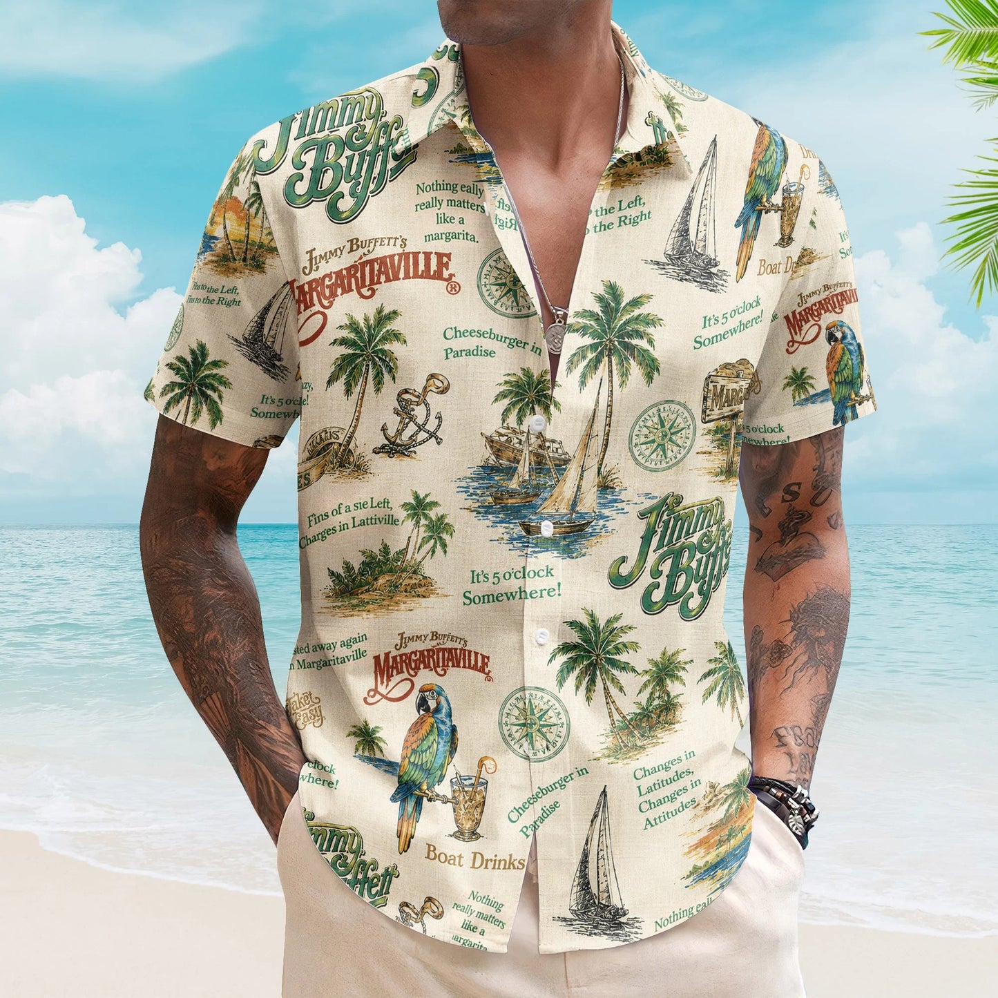 Retro Island Escape Collage Hawaiian Shirt – Unisex Tropical Vacation Button-Up