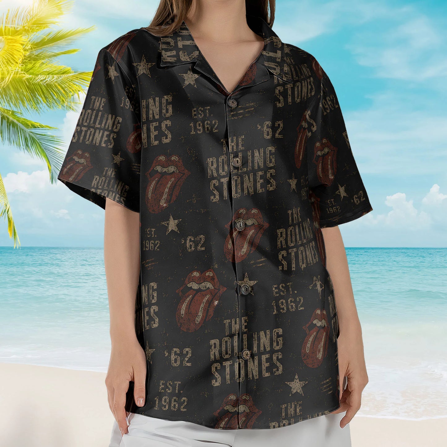 TRS Classic Tongue Logo Black Hawaiian Shirt – Unisex Rock Fan Button-Up